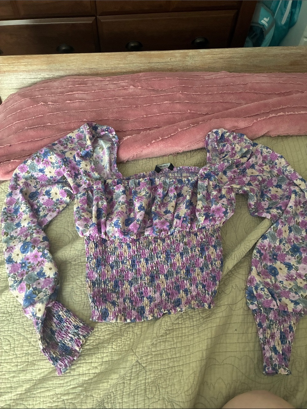 Forever 21 Floral Smocked Peasant Top - Pink/Purple